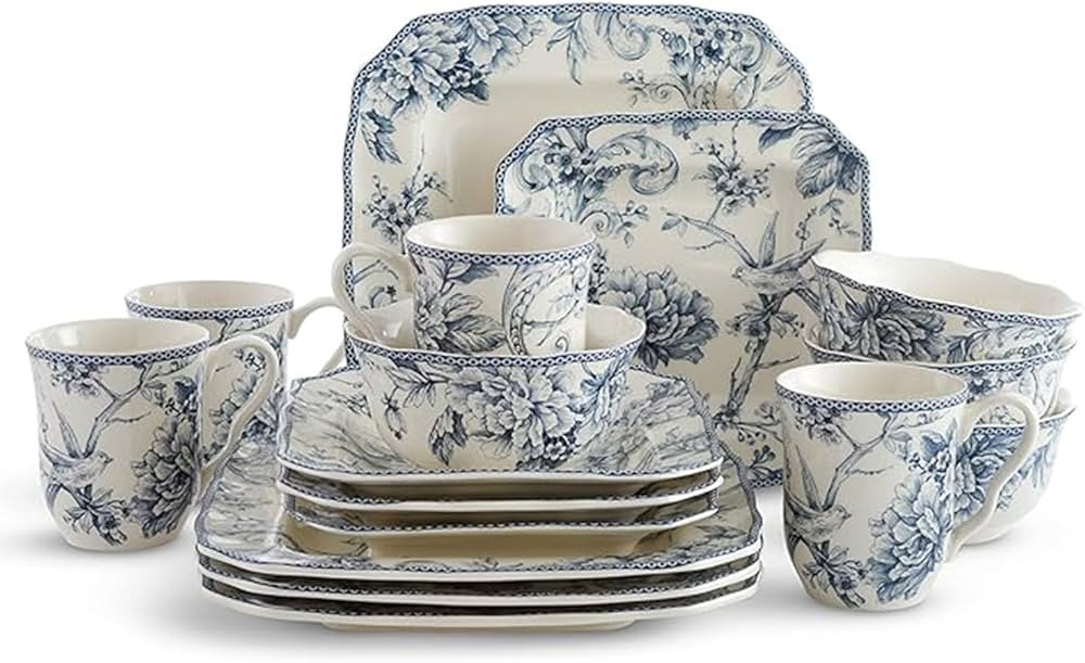 222 Fifth Adelaide 16Pc Square Floral Dinnerware Set (Service for 4), Porcelain Plates and Bowls ... | Amazon (US)
