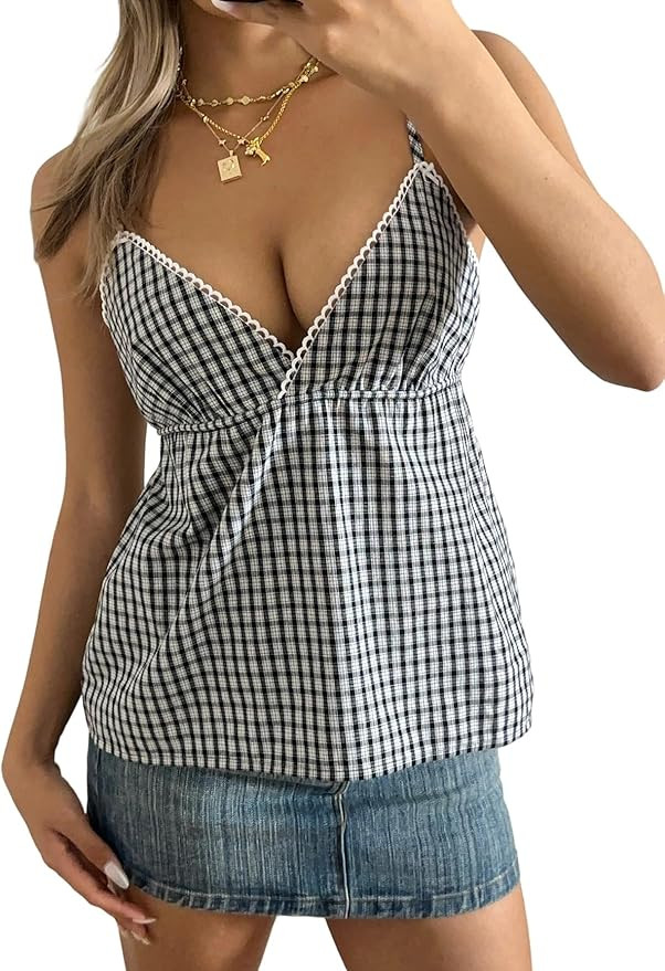 SHENHE Women's Y2k Gingham Babydoll Tank Top V Neck Spaghetti Strap Tie Vintage Plaid Camisole | Amazon (US)