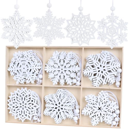 24 Pieces White Snowflakes Ornaments 3inch Wooden Christmas Tree Ornament for Home Winter Wonderland DIY Craft New Year Xmas Decoration | Amazon (US)