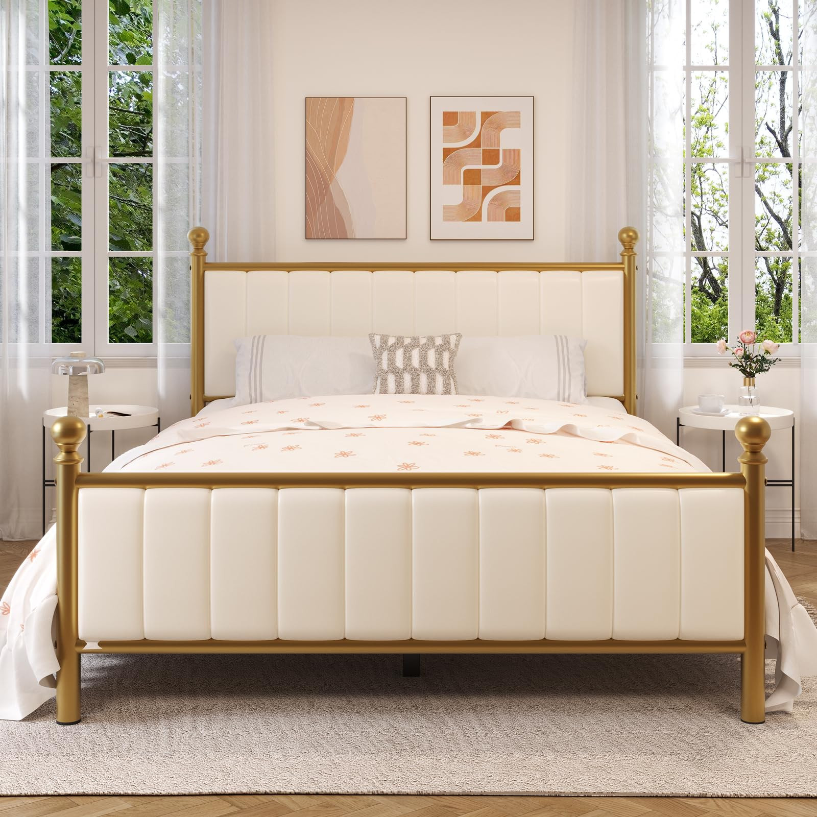 Full Size Bed Frame with Headboard, Upholstered Platform Metal Beds Frame Supported by Strong Met... | Amazon (US)