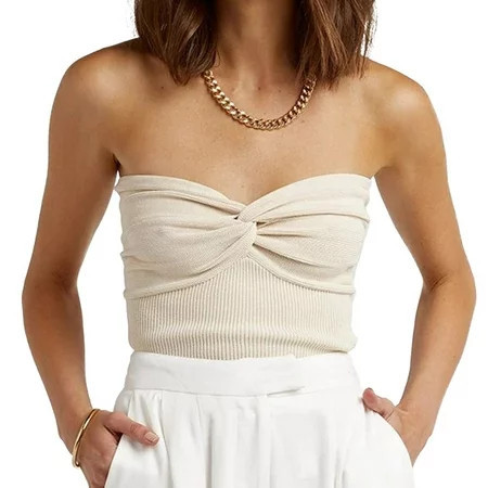 Women s Tube Top Summer Twisted Knot Front Knit Bandeau Strapless Ribbed Sleeveless Crop Tank Top (S-3XL) Beige M | Walmart (US)