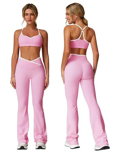 ABOCIW Two Piece Workout Sets for Women Color Block Strappy Sports Bra High Waist Flared Leggings 2 Piece Gym Set Yoga Active Wear Pilates Outfits Work Out Clothes Colorblock Pink X-Large | Amazon (US)