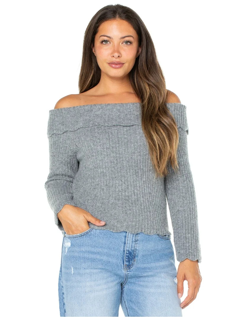 Celebrity Pink Women's Off Shoulder Scalloped Edge Sweater, Sizes XS-XXXL | Walmart (US)