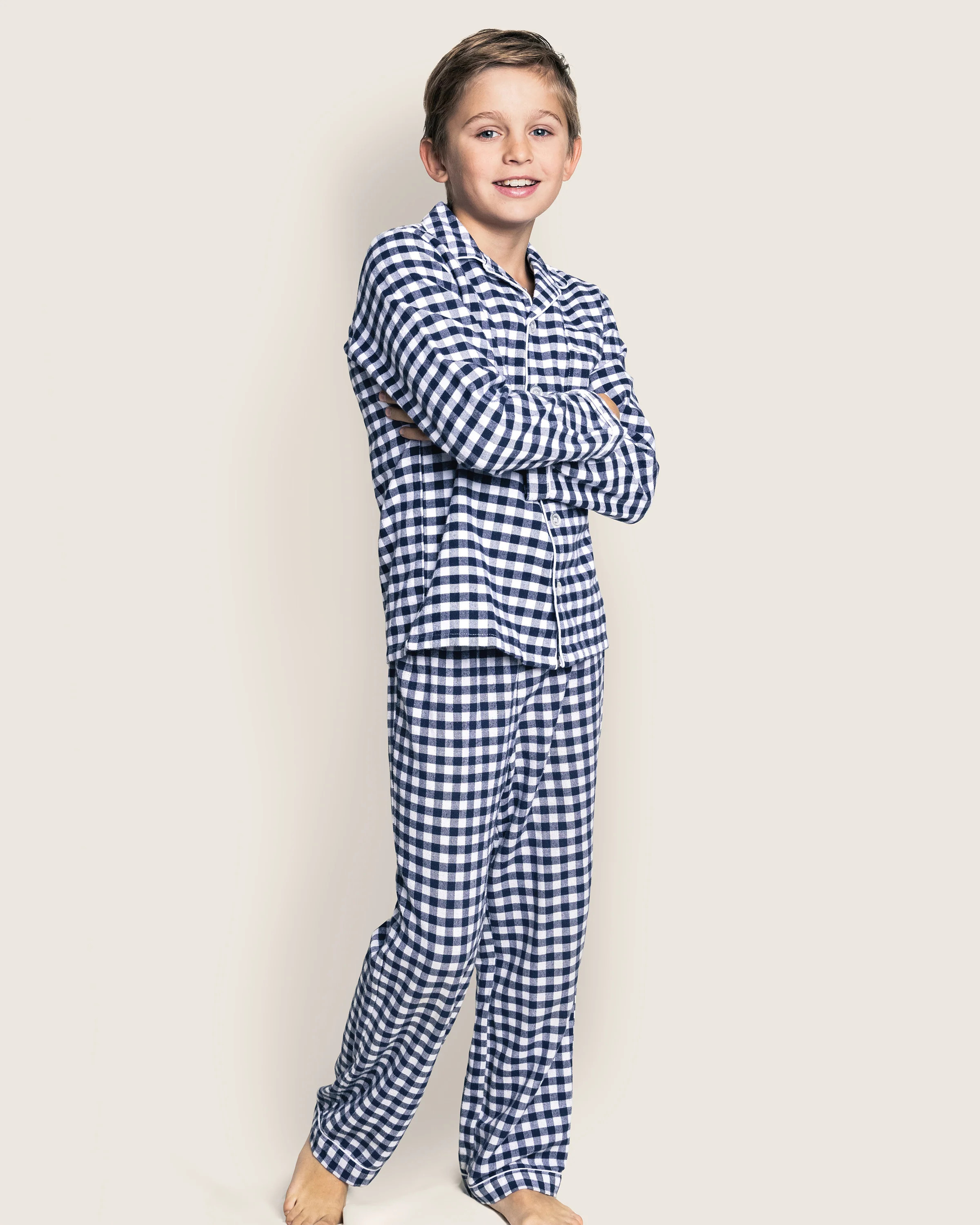 Kid's Twill Pajama Set in Navy Gingham | Petite Plume