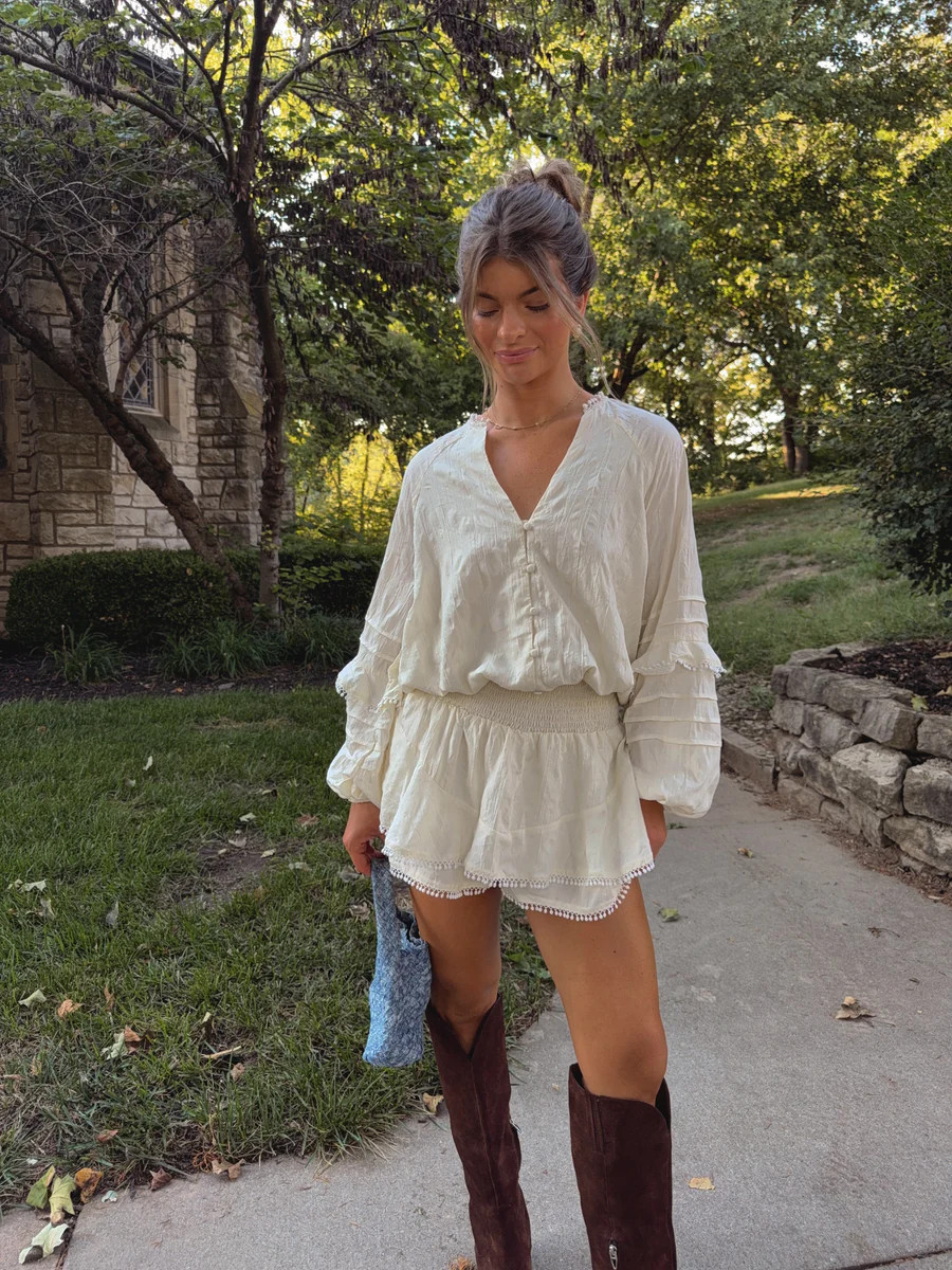 Eleanor V-Neck Waist Smocked and Ruffle Detail Romper - Ivory | Ave and Liv Boutique