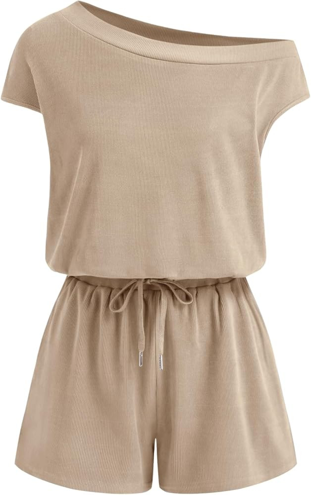CIDER Rompers for Women One Shoulder Drawstring Short Sleeve Asymmetrical Romper Casual Knit Jump... | Amazon (US)