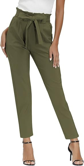 YIIYIDATON Women's Paper Bag Pants High Waisted Tie Pants for Women with Pockets Trousers | Amazon (US)