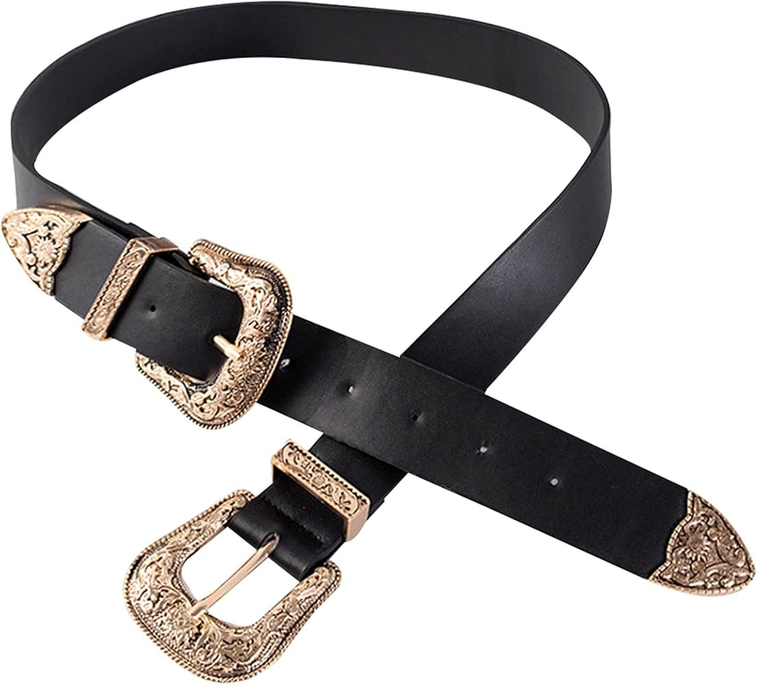 CLARA Women Vintage Western Waist Belt Double Buckle Belt PU Leather Waistband for Jeans Dress | Amazon (US)