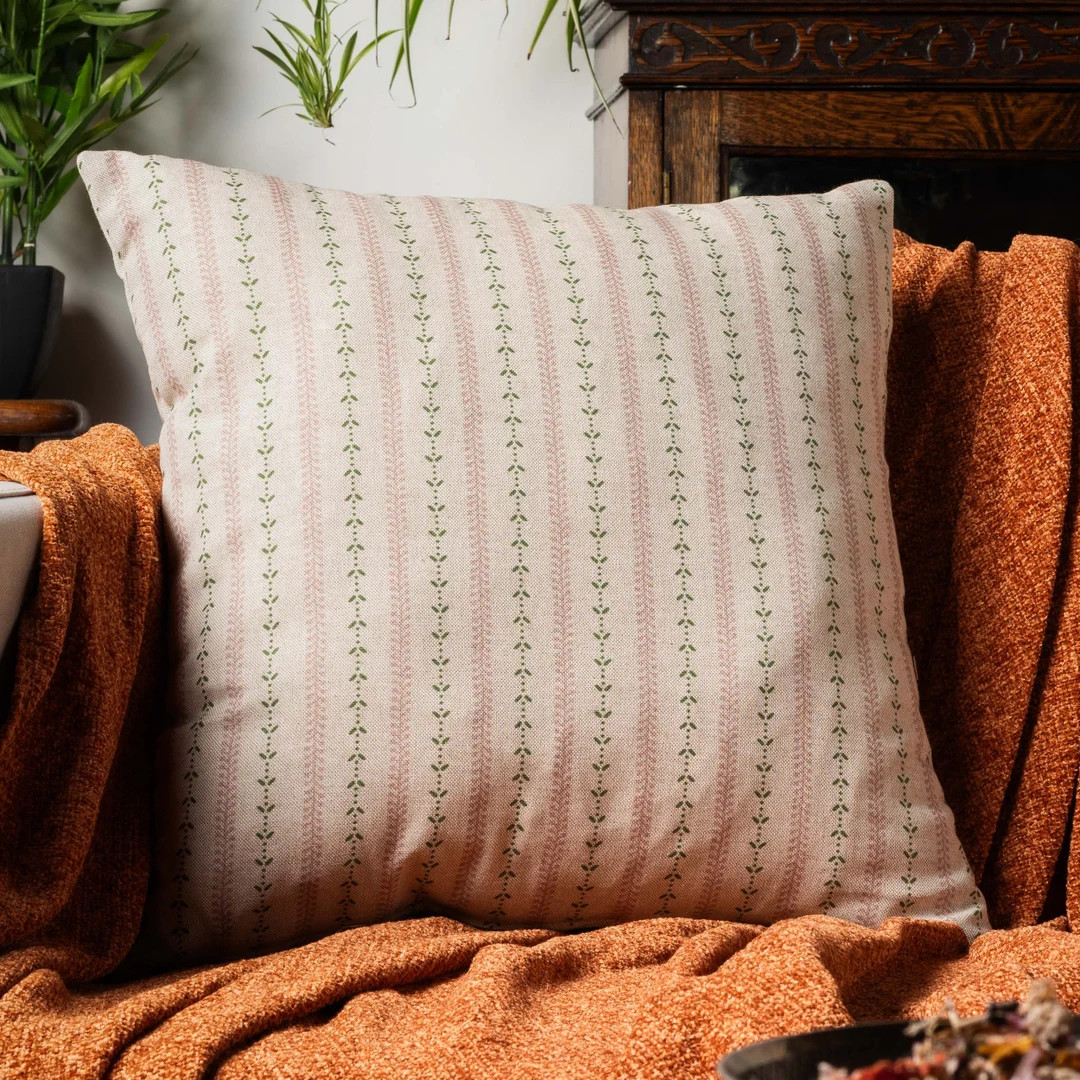 Cotswold Countryside Stripe Cushion Cover. Cottagecore Rose Pink and Sage Green Floral Botanical ... | Etsy (UK)