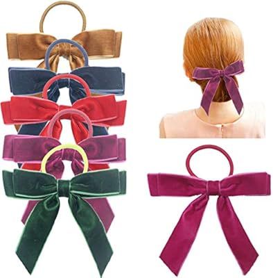 DeD 6 Pieces Hair Bows with Ponytail Holder Velvet Ribbon Bows Hair Accessories for Women Girls | Amazon (US)