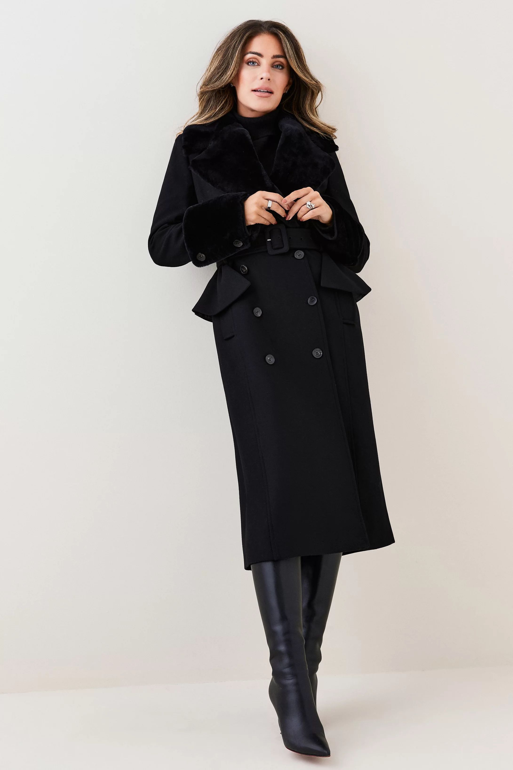 Lydia Millen Belted Sheepskin & Italian Virgin Wool Coat | Karen Millen US