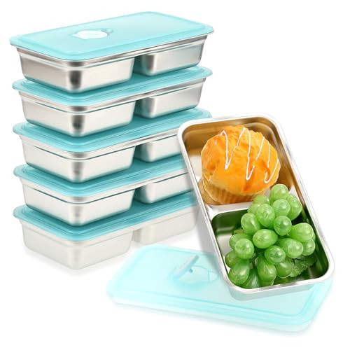 6 Pcs 304 Stainless Steel Bento Boxes, 30 oz 2 Compartments Food Storage Containers Snack Boxes with Leakproof Lids, Divided Meal Prep Lunch Box Food Container Dishwasher Safe | Amazon (US)