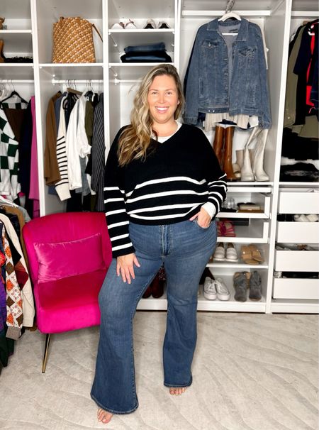 New plus size arrivals at Abercrombie! Absolutely love these jeans from Abercrombie, they have a ton of stretch and fit me just right! I suggest sizing up one. I am in the 35 regular. I have the essential long sleeve tee underneath and this gorgeous black and white striped vneck sweater that fits incredibly well, and it’s lightweight with stretch! I have it in the xxl, I could have done the Xl.

#LTKSeasonal #LTKplussize #LTKSale