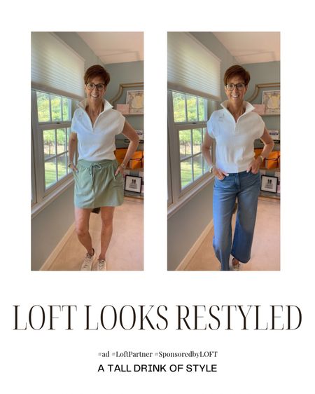 Recent Loft Try on Looks restyled
Restyling the white 3/4 zip sweater with the green skort and high rise wide leg jeans
Wearing a medium in the top, medium in the skort, and 29 in the jeans

Over 50 fashion, tall fashion, workwear, everyday, timeless, Classic Outfits, loft partner

Hi I’m Suzanne from A Tall Drink of Style - I am 6’1”. I have a 36” inseam. I wear a medium in most tops, an 8 or a 10 in most bottoms, an 8 in most dresses, and a size 9 shoe. 

fashion for women over 50, tall fashion, smart casual, work outfit, workwear, timeless classic outfits, timeless classic style, classic fashion, jeans, date night outfit, dress, spring outfit

#LTKstyletip #LTKfindsunder100 #LTKover40