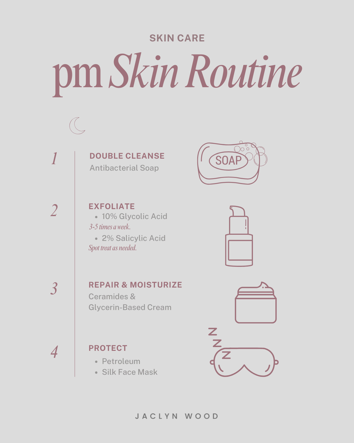 My regular 4-step night time skin care routine. 

I cut out retinol temporarily from my pm routine (for a couple months) and am currently testing a new one, which I’ll include in a new chart if I see and like the results! 

 