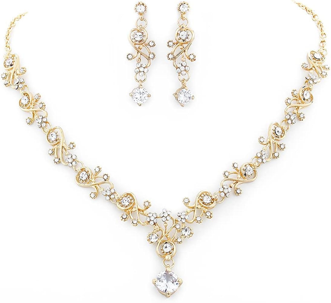 Wedding Necklace Bride Rhinestone Floral Necklace Earring Set Bridal Jewelry Sets Prom Party Tear... | Amazon (US)