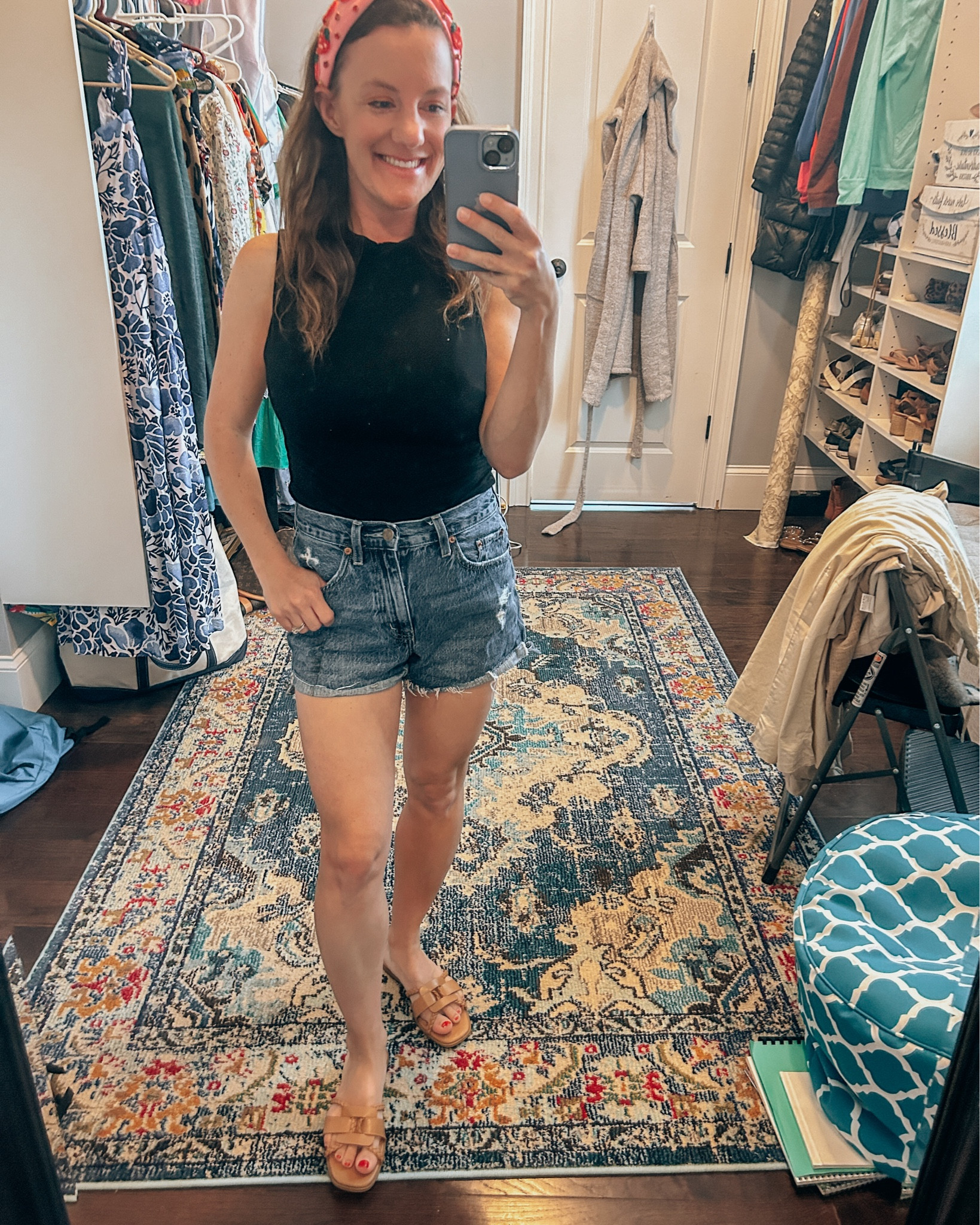 Strawberry picking outfit for mom 
Black tank with high neck 
Dark jean shorts 
Tan sandals 
Thematic strawberry headband 

#LTKstyletip #LTKfamily #LTKSeasonal