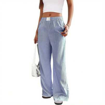 Women's Striped Long Pants, Wide-Leg Pants, Casual Pants, High-Waisted Loose Fit Lounge Pants, Y2K Fashion Style | SHEIN
