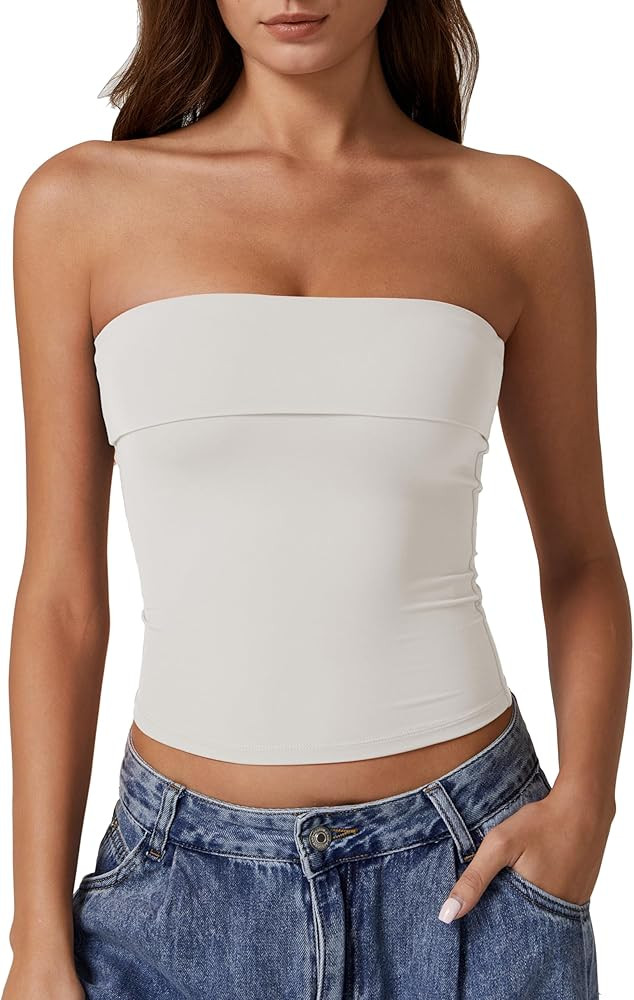 QINSEN Women's Tube Tops Strapless Bandeau Tops Double Lined Slim Fit Summer Going Out Tank Tops | Amazon (US)