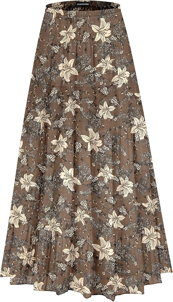 Womens Chiffon Long Skirt Elastic High Waist Floral Maxi Skirts Tiered Pleated A Line Boho Flowy ... | Amazon (US)