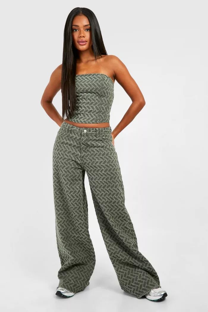 Khaki Textured Wide Leg Jeans | boohoo (US & Canada)