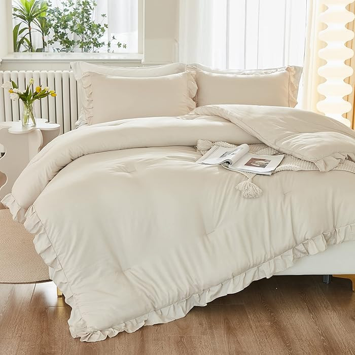 Litanika Queen Comforter Set Beige, 3 Pieces Ruffle Lightweight Bedding Comforter Set, Fluffy Bed... | Amazon (US)