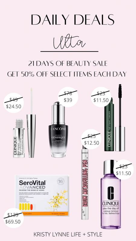 ULTA 21 Days of Beauty Day 20. Get 50% off sleazy items of the day. Makeup. Skincare. Clean Beauty. MUA. Lancôme Genfique. Clinique. Benefit Brow Pen. Serovital.

#LTKbeauty #LTKsalealert #LTKunder100