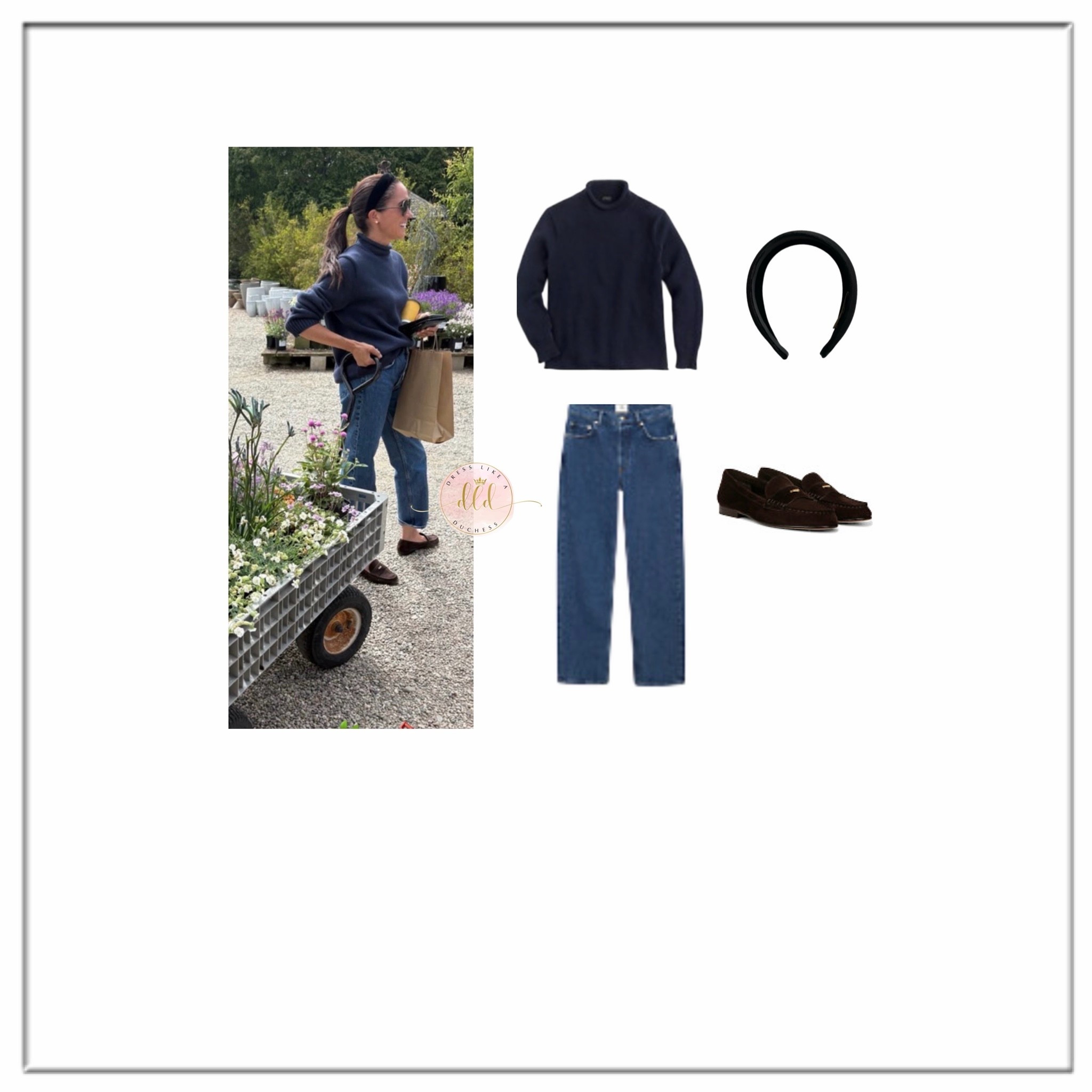 6/26/26 Meghan Markle in a new photo at a flower market on Instagram wearing JCrew 1988 cotton rollneck sweater in navy + Anine Bing Kate jeans in clean indigo + Veronica Beard penny loafers + Doen sestri headband