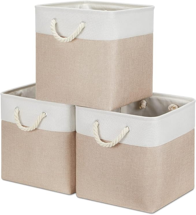 Bidtakay Fabric Storage Baskets for Organizing Beige 13 Inch Collapsible Square Baskets 3 Pack Or... | Amazon (US)