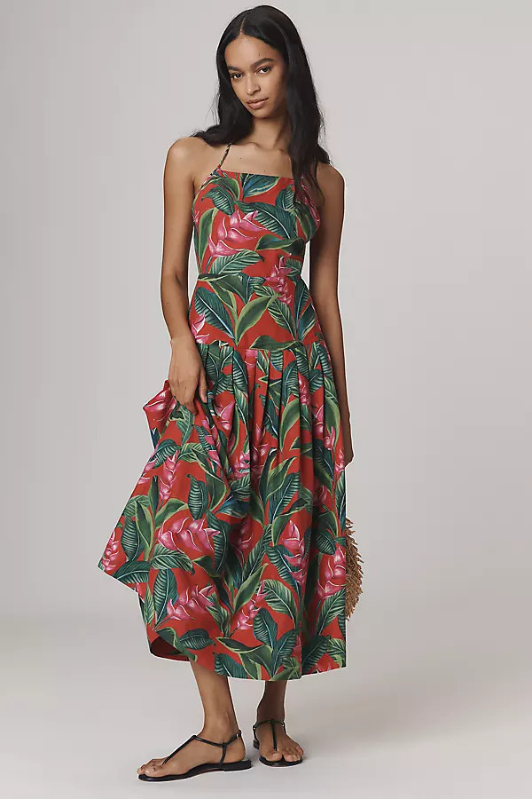 Linen Blend Dream Garden Strappy Drop-Waist Midi Dress | Anthropologie (US)