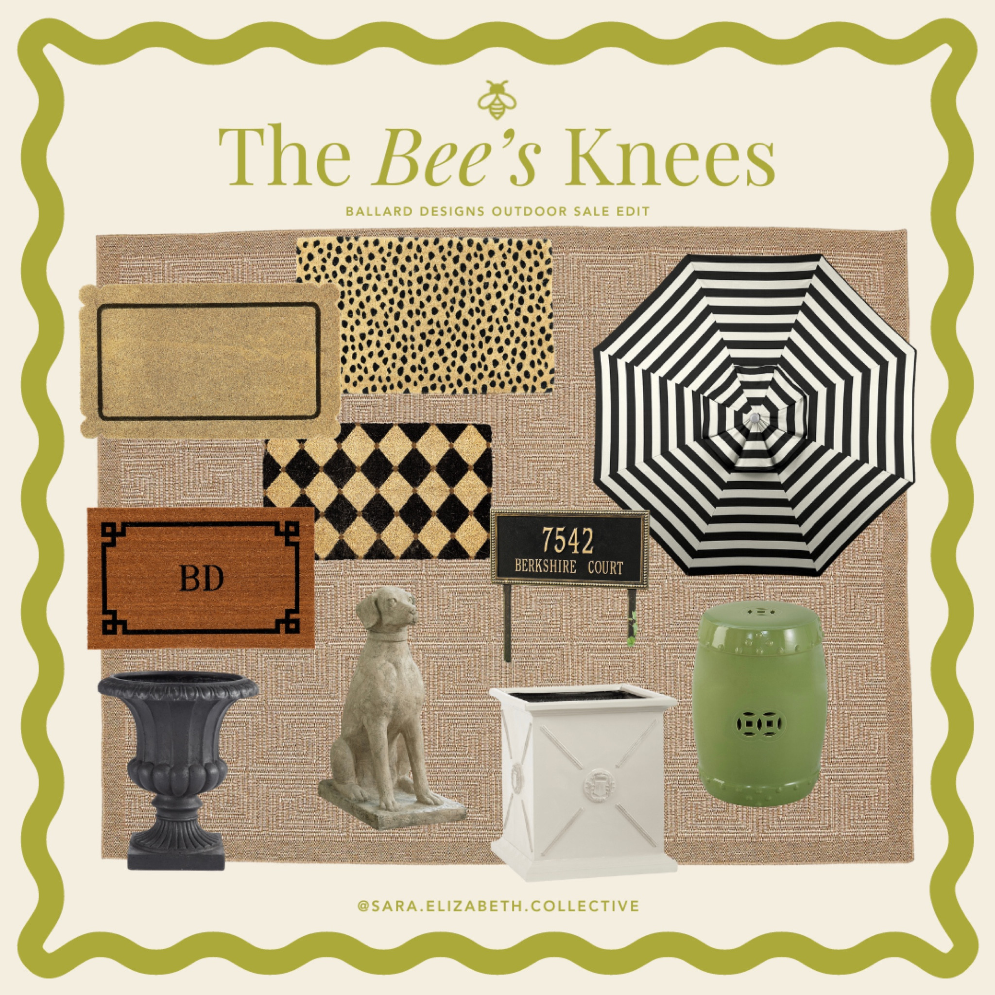 Ballard Designs 
Outdoor must haves on sale 
Umbrella stand 
dog statue 
Door mat 
Garden stool
Planter 


#LTKhome