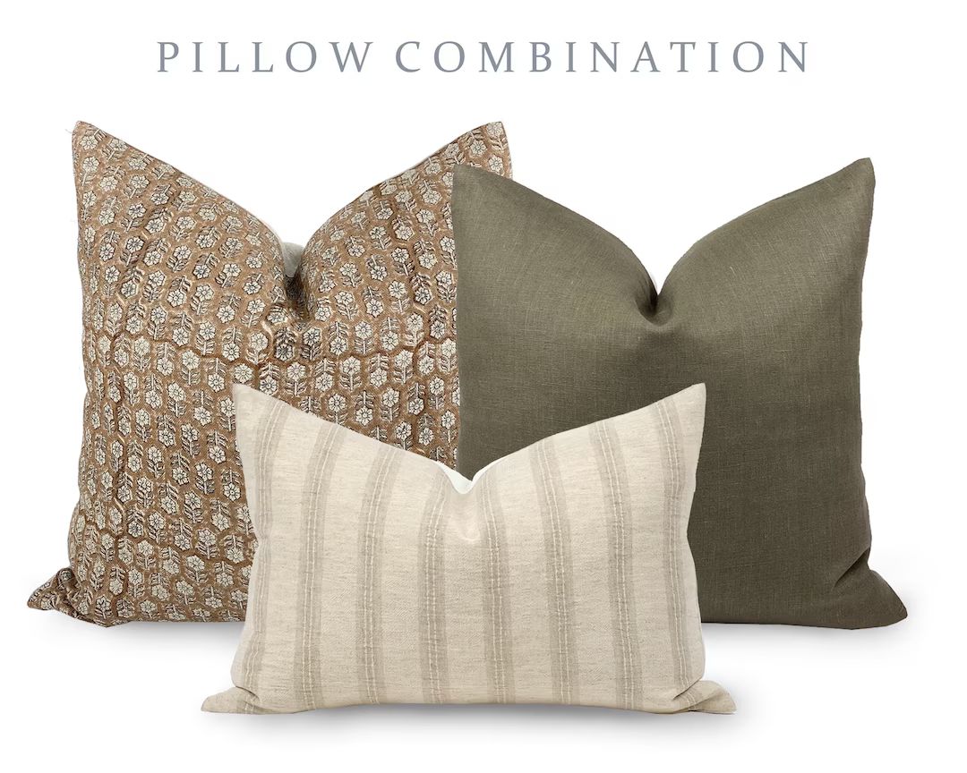 PILLOW COMBO Warm Neutrals, Camel Floral Pillow, Green Pillow, Cream Stripe Pillow, Pillow Combin... | Etsy (US)