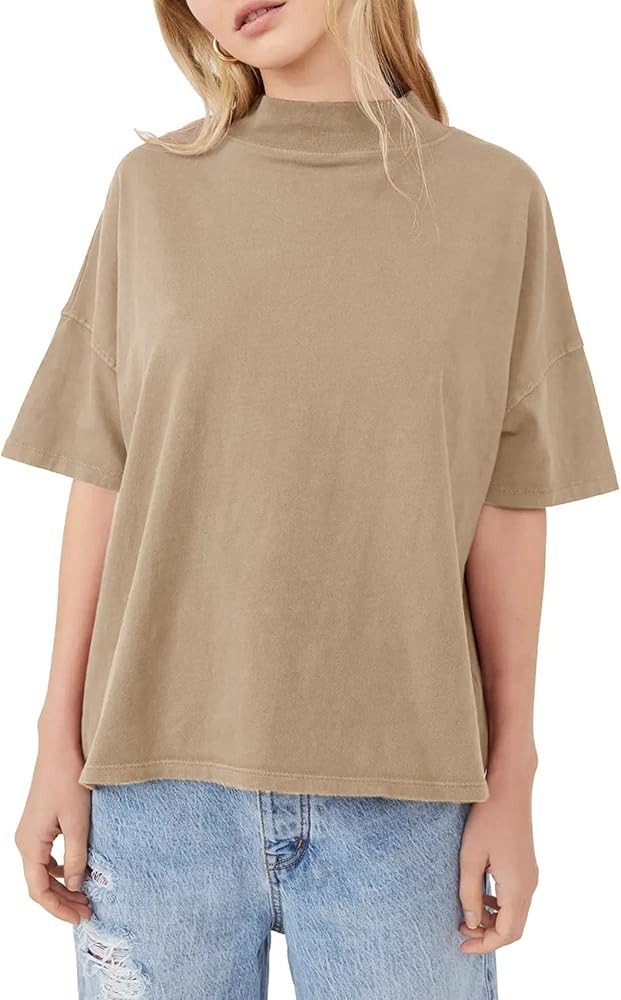 Womens Casual Short Sleeve Mock Neck T Shirts Summer Loose Fit Basic Plain Tee Tops | Amazon (US)