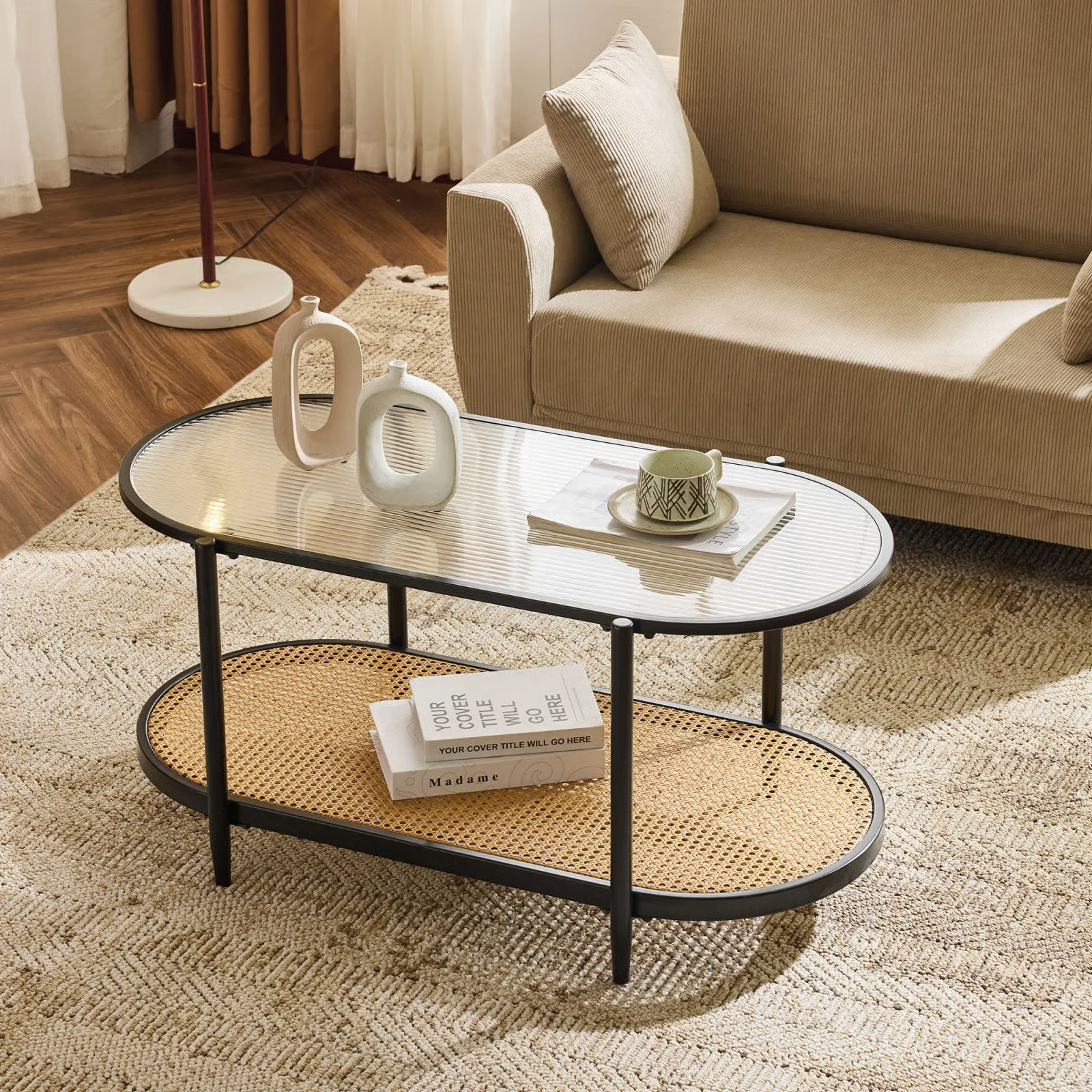 Oval Black Iron Frame Paired with Changhong Glass + PVC Woven Rattan Double-layer Coffee Table | Wayfair North America