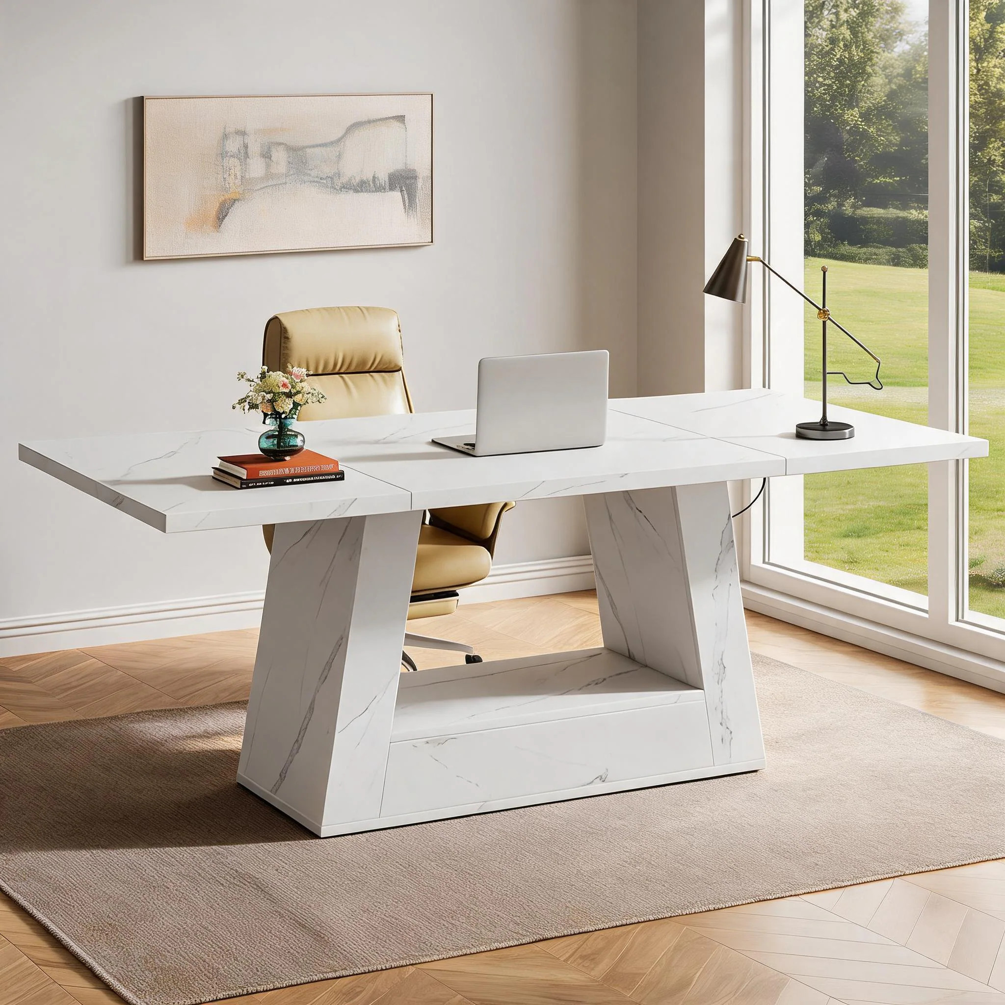 Watnature Contemporary Large Executive Desk Soft White Faux Marble Engineered Wood Multi-Use Work Surface | QIVNE0REMRT6 | Lowe's