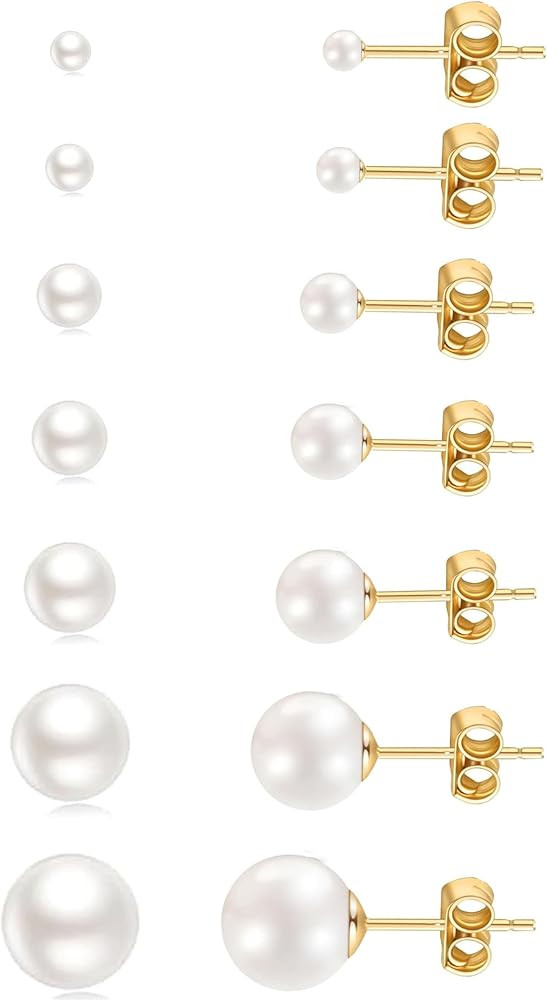 14K Gold Filled Polished Small CZ Pearl Ball Stud Earrings Set for Women Men 20G Surgical Steel H... | Amazon (US)