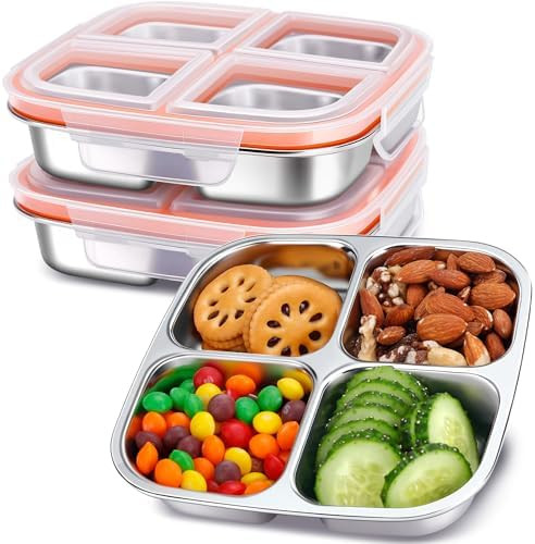 KTKUDY 3 Pack Stainless Steel Snack Containers - Divided Bento Snack Box - 4 Compartment Meal Pre... | Amazon (US)