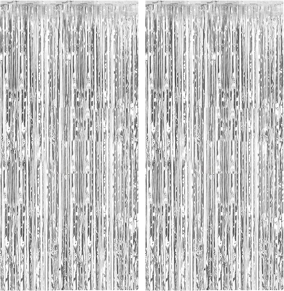 2 Pack Foil Curtain Backdrop Silver Metallic Tinsel Foil Fringe Curtains Photo Booth Props for Bi... | Amazon (US)