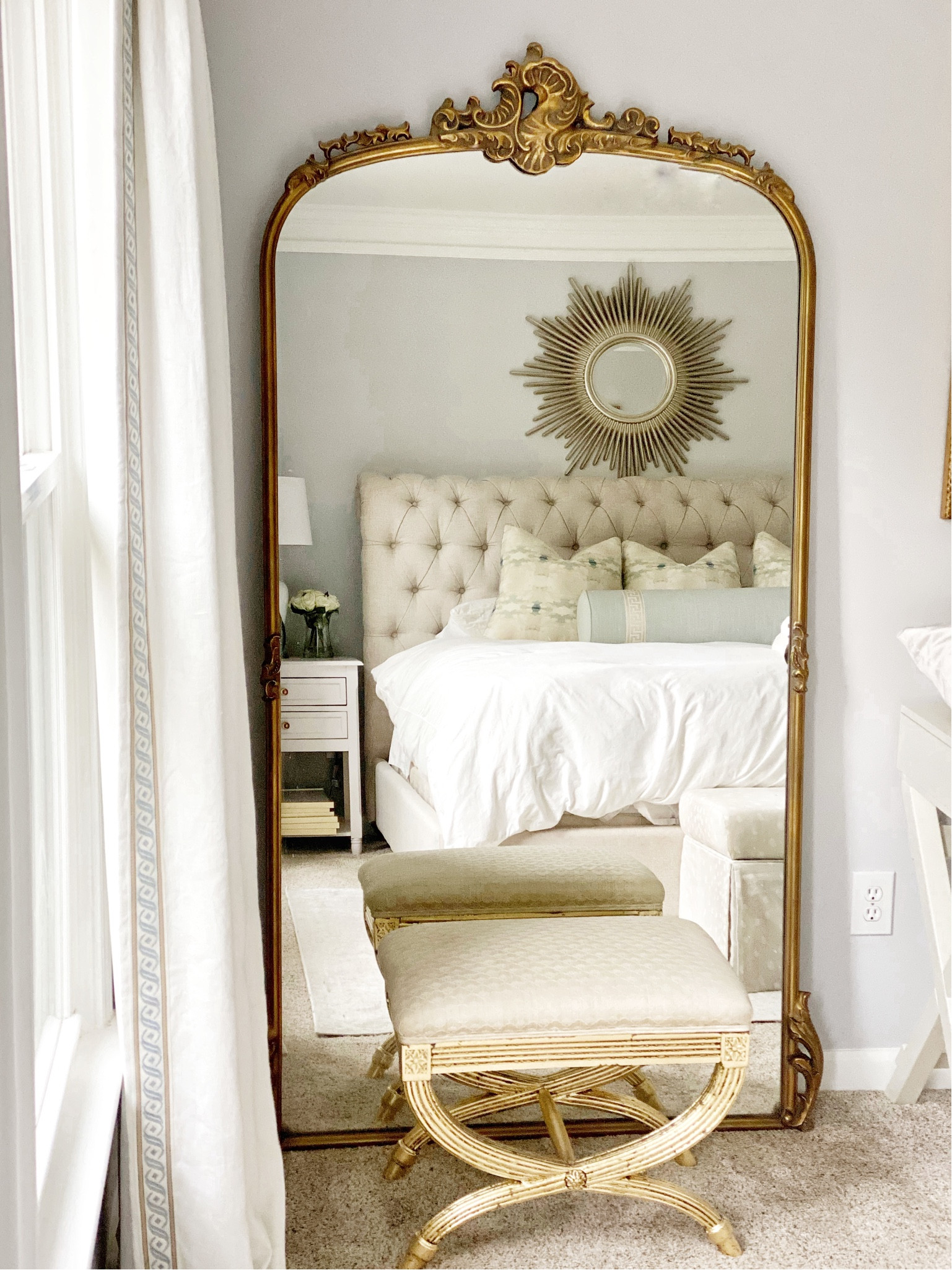 Traditional, floor mirror, grand millennial, Arhaus, overstock. Wayfair, tufted headboard, tufted bed, guest bedroom throw pillows, bolster, Etsy, blue and white, stool, ottoman, curtains, Ballard, acrylic curtain rod 

#LTKunder50 #LTKhome #LTKunder100