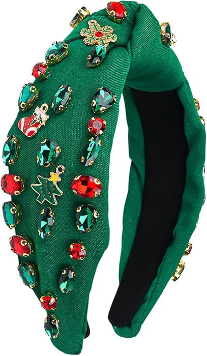 TULOBI Christmas Headband for Women Knotted Headband Xmas Red Green Rhinestone Crystal Jeweled Ha... | Amazon (US)