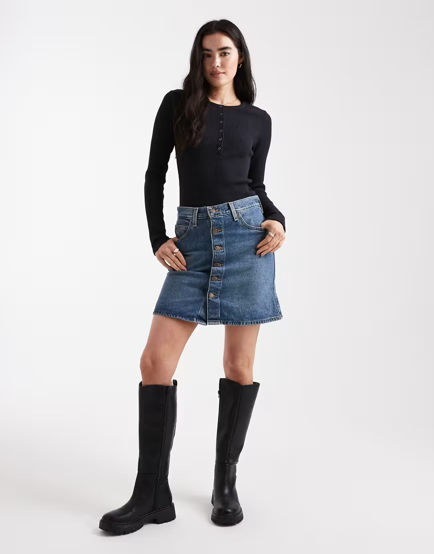 Levi's retro button front denim mini skirt in dark blue | ASOS (Global)
