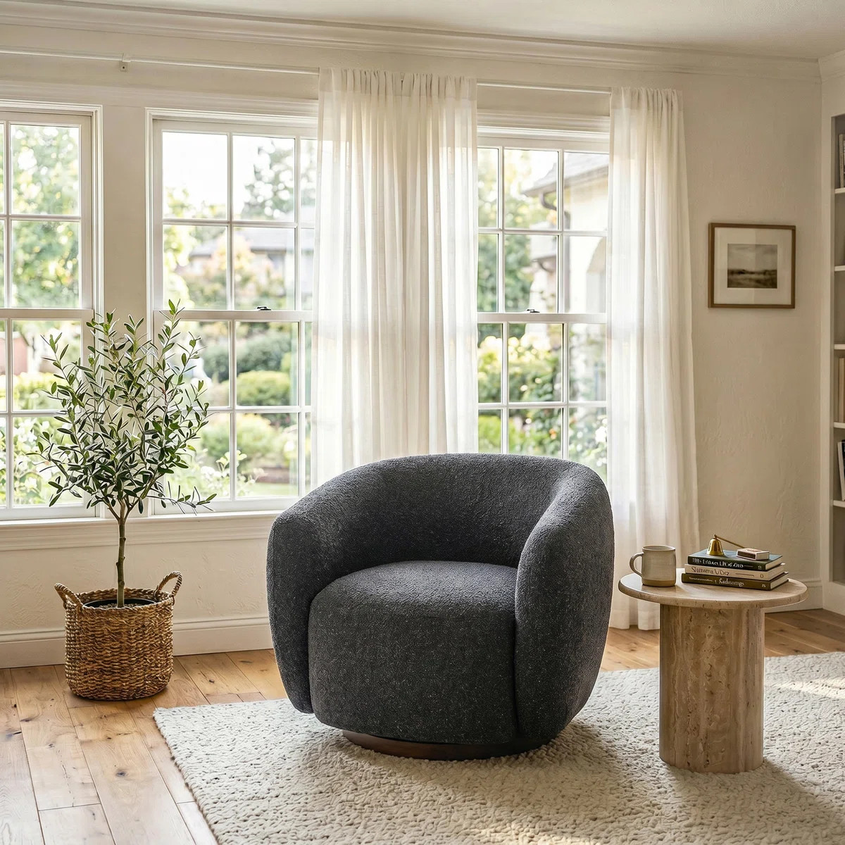Modern Boucle Swivel Barrel Accent Chair with Wood Base, Fully Assembled | Wayfair North America