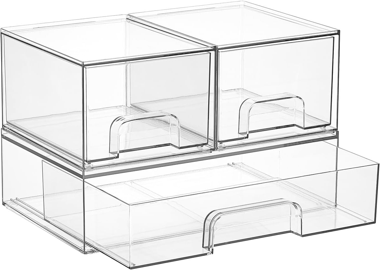 Vtopmart Stackable Storage Drawers Set of 3, 12" Wide and 4.4'' Tall Clear Plastic Organizer Bins for Makeup, Cosmetics, Beauty Supplies,Ideal for Vanity, Bathroom,Cabinet,Pantry Organization | Amazon (US)