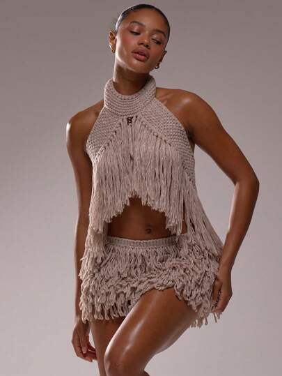 MUSERA Choker Detail Fringe Knit Top Summer, Ibiza Fits, Holiday Vacation Sexy Festival Rave Knit Top Halloween Fall Autumn Christmas Party | SHEIN