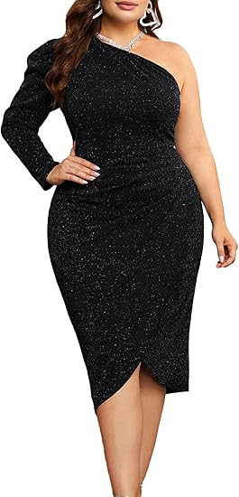KIMCURVY Women's Plus Size One Shoulder Glitter Dress Ruched Wrap Cocktail Sparkly Party Formal M... | Amazon (US)
