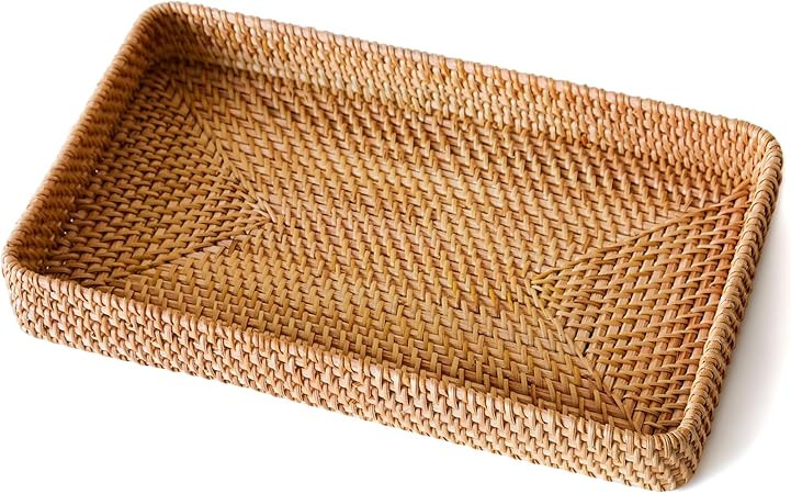Wicker Storage Basket, Rattan Tray Rectangular for Bathroom Living Room, Decorative Serving Woven... | Amazon (US)