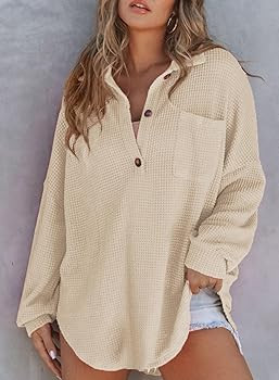 Astylish Women Waffle Knit Tops Henley Shirts Long Sleeve V Neck Solid Color Casual Tunic | Amazon (US)
