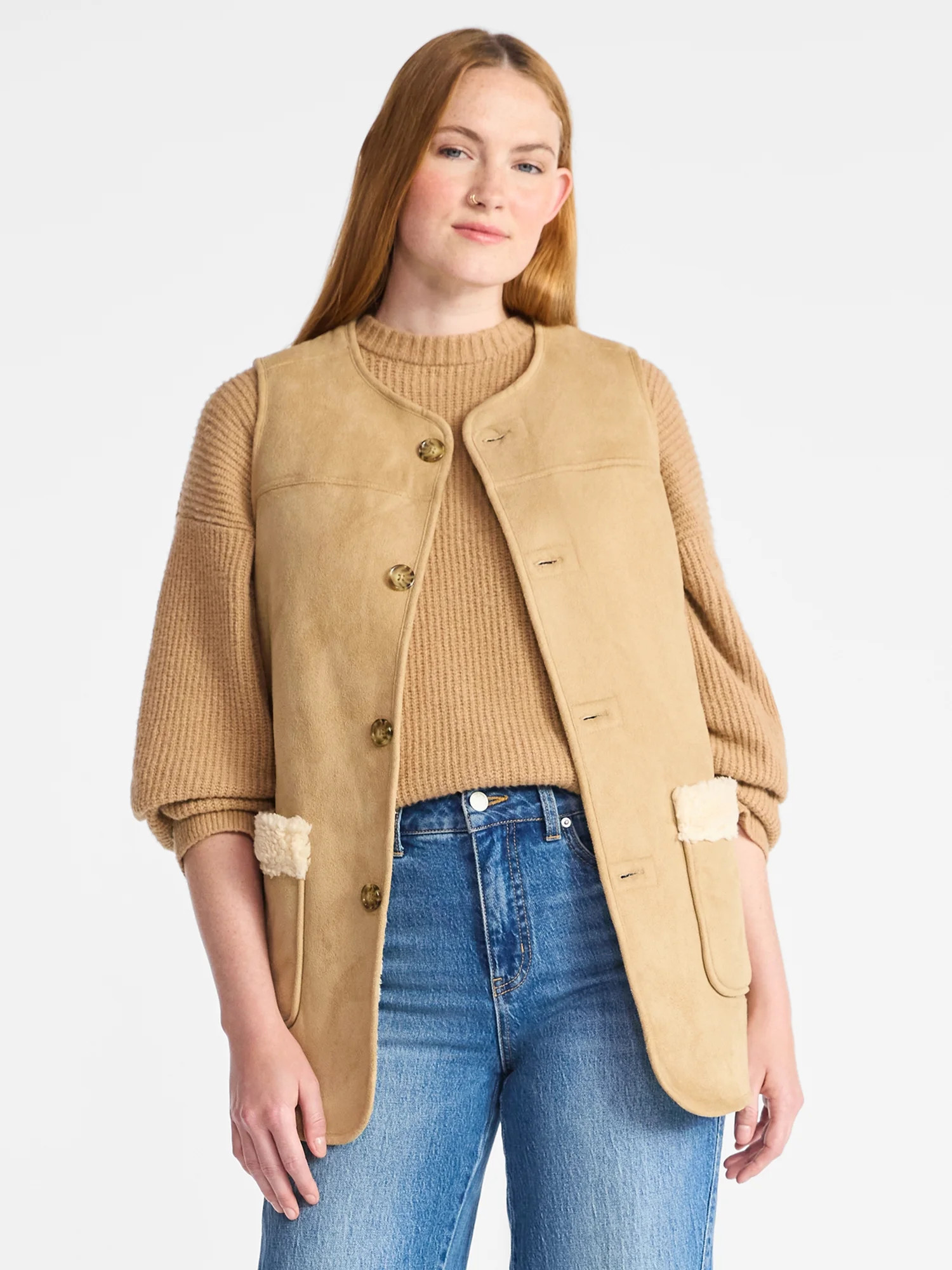 Time and Tru Women’s Faux Shearling Longline Vest, Lightweight, Sizes XS-XXXL | Walmart (US)