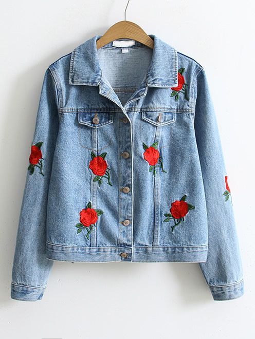 Blue Flower Embroidery Single Breasted Denim Jacket | SHEIN