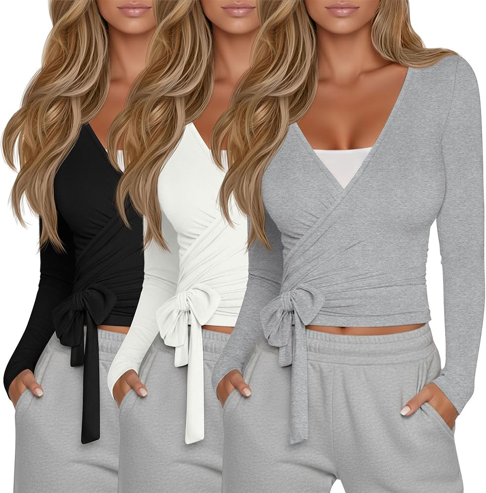 3 Pack Women's Tie Wrap Tops, Long Sleeve Workout Ballet Yoga Pilates Shirts Deep V Neck Tie Fron... | Amazon (US)